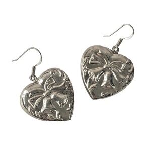 VTG 1980s Sterling Silver Puffy Heart Bow Bell Dangle Earrings 925 NF Jewelry